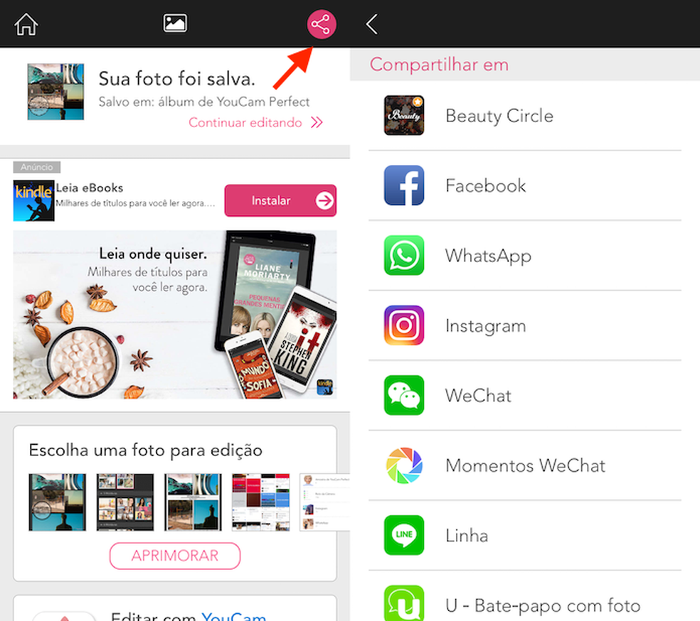 Opção de compartilhamento do aplicativo YouCam Perfect (Foto: Reprodução/Marvin Costa)