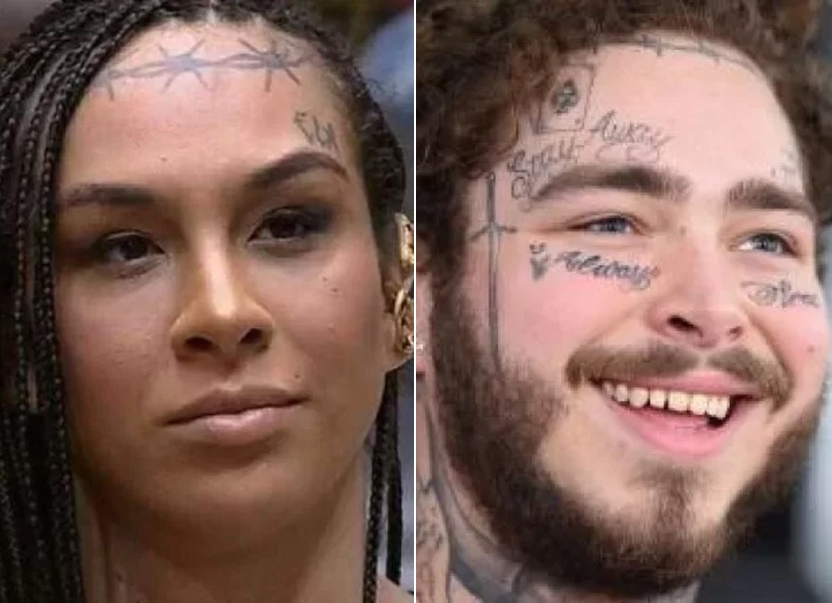 Linn da Quebrada e Post Malone têm tatuagens de arames na testa (Foto: Reprodução)