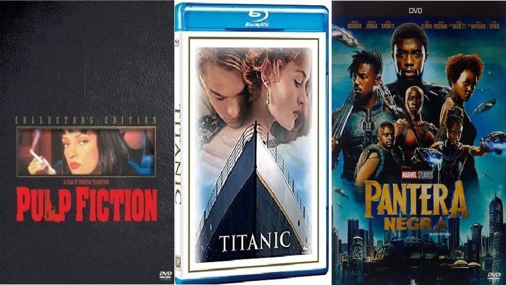 Da esquerda para direita, capa dos filmes Pulp Fiction, Titanic e Pantera Negra (Foto: Reprodução/Amazon)