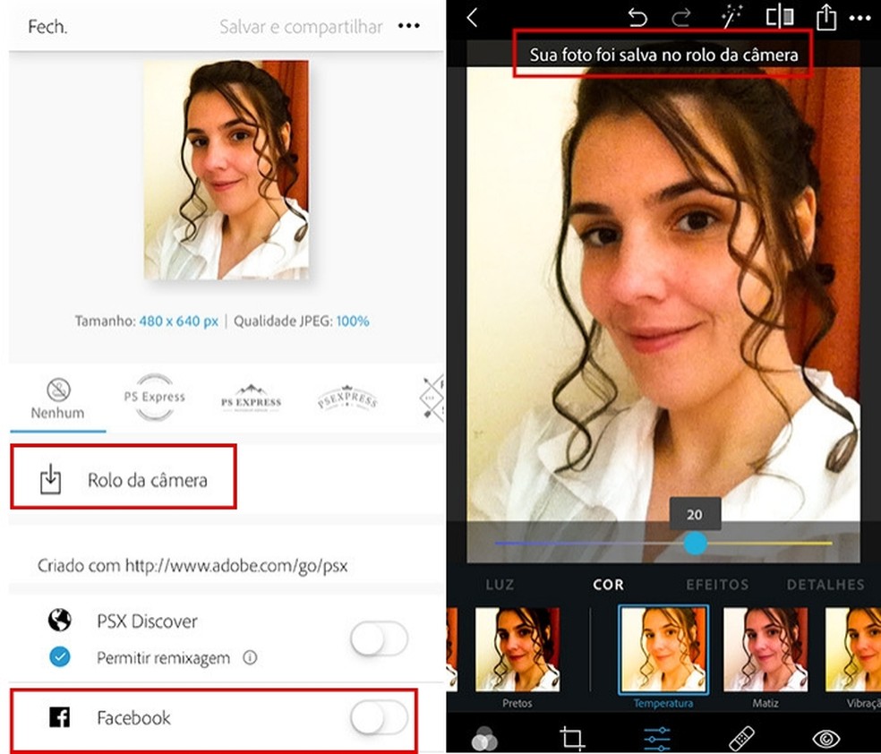 Após editar sua selfie no app Photoshop Express é possível salvar ou compartilhar a imagem em suas redes sociais — Foto: Reprodução/Amanda de Almeida