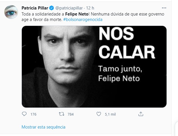 Patrícia Pillar presta apoio a Felipe Neto (Foto: Reprodução/Instagram)