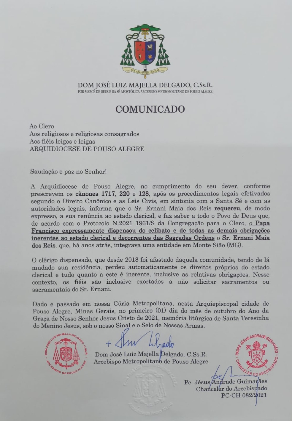 Documento confirma que Ernani Maia dos Reis foi oficialmente dispensado do celibato — Foto: Arquidiocese de Pouso Alegre 