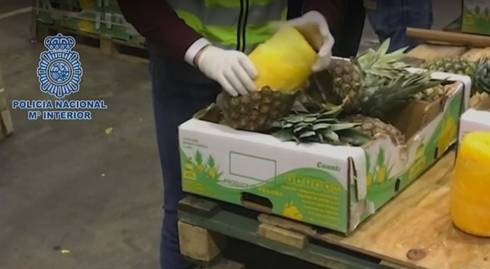 Polícia da Espanha e de Portugal apreendeu abacaxis recheados de drogas (Foto: Reprodução/TV Globo)
