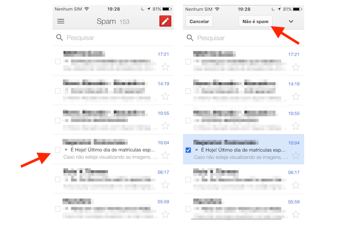 Informando que uma mensagem não é spam no Gmail para iPhone (Foto: Reprodução/Marvin Costa)