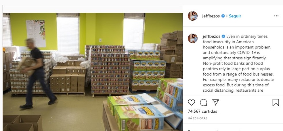 Jeff Bezzos fez o anúncio da doação em seu perfil em uma rede social — Foto: Instagram/Reprodução