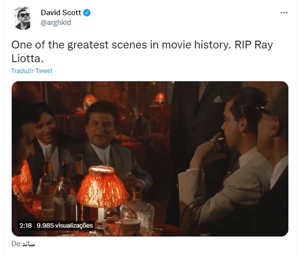 David Scott: adeus a Ray Liotta (Foto: Reprodução Twitter)