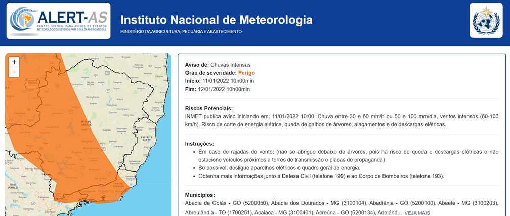 Inmet alerta para chuvas intensas de até 100 milímetros em cidades do Sul de Minas — Foto: Reprodução Inmet