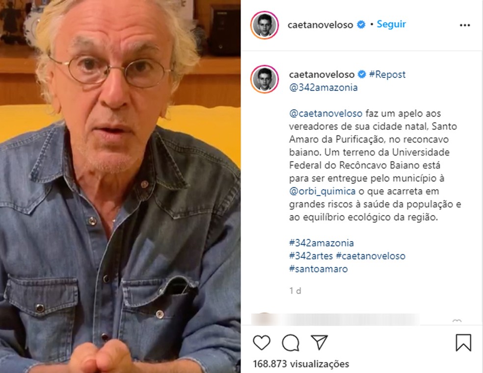 Caetano Veloso faz apelo para que terreno que seria da UFRB não seja doado fábrica — Foto: Reprodução/Instagram