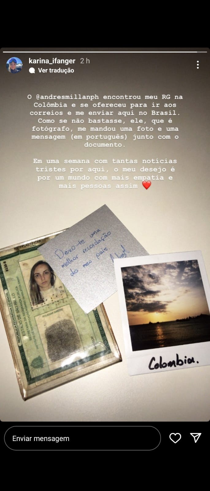 Moradora de Vinhedo furtada na Colômbia recebe documento em casa com foto do país e recado em português: 'Achei incrível'