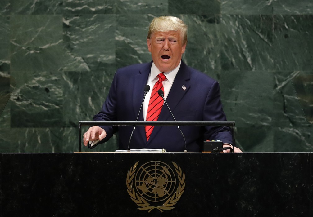 O presidente americano, Donald Trump, durante discurso nesta terÃ§a-feira (24) na Assembleia Geral da ONU, em Nova York. â Foto: Lucas Jackson/Reuters