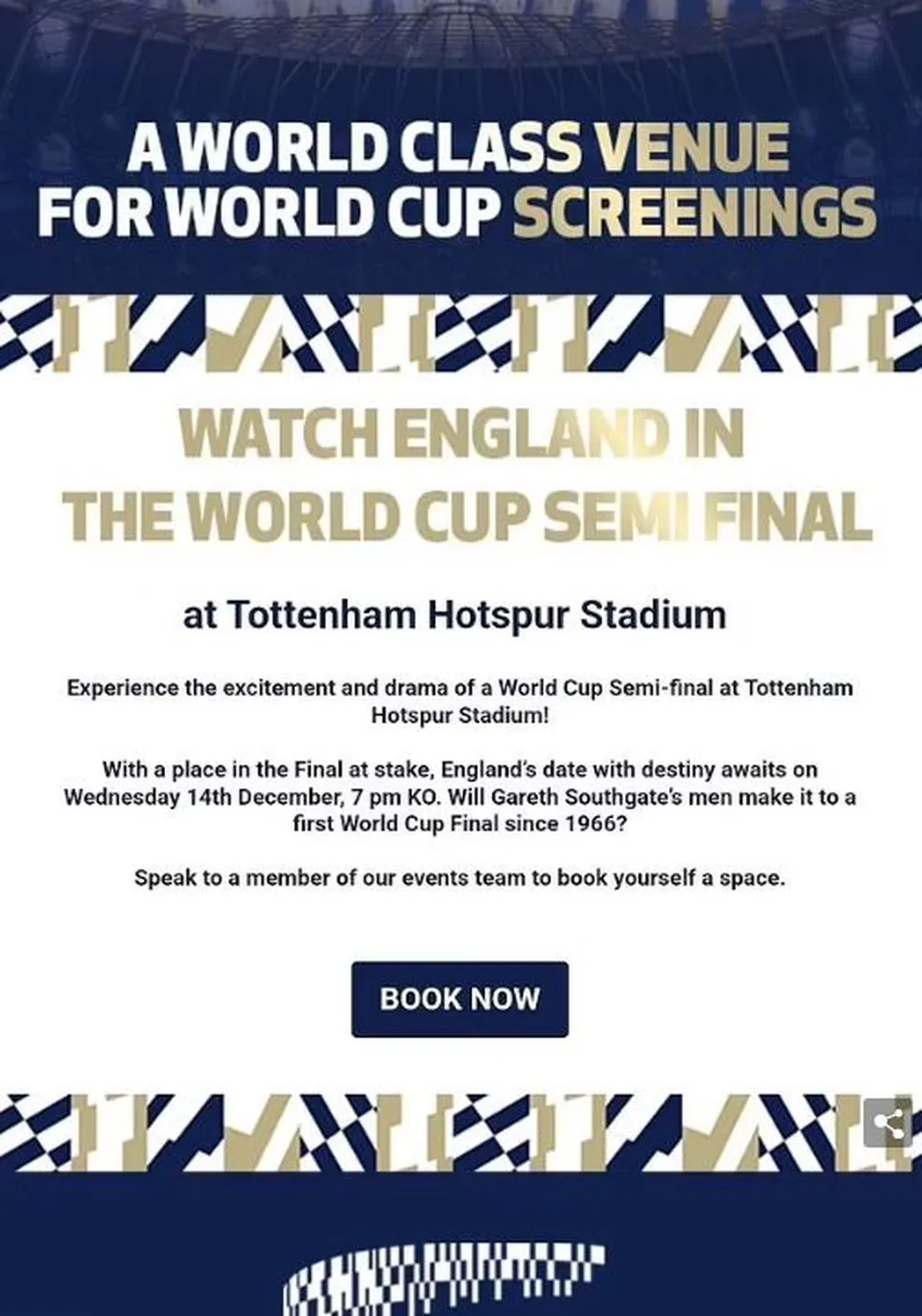 Tottenham convida torcedores para assistirem ao jogo inexistente da Inglaterra nas semifinais — Foto: Reprodução/Twitter