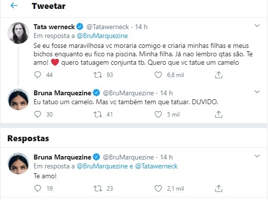Bruna Marquezine troca mensagens com Tata Werneck (Foto: Reprodução/Twitter)