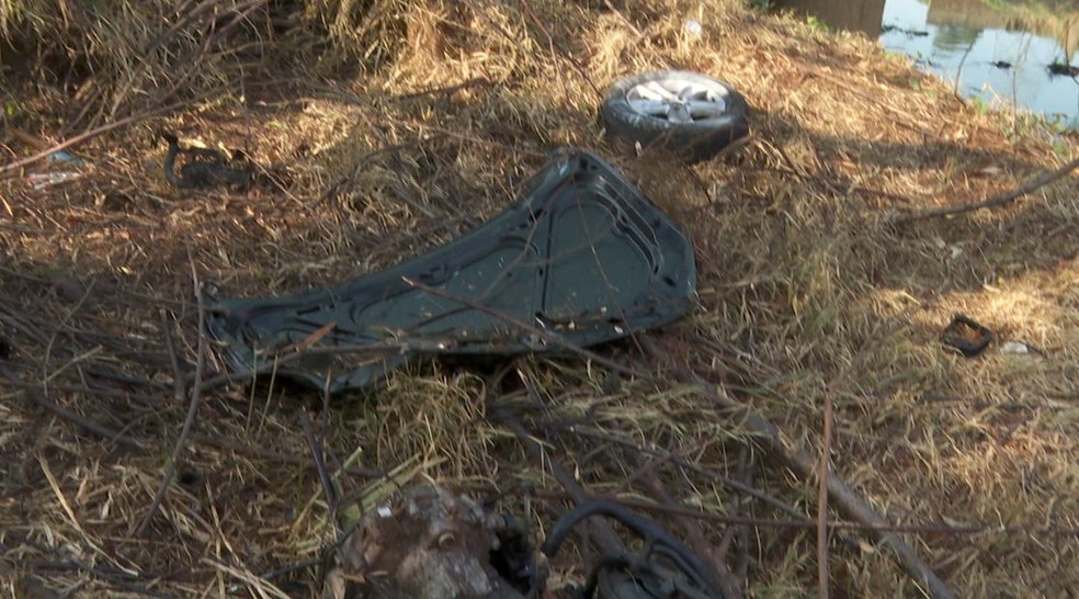 Peças do carro que caiu em córrego de Ribeirão Preto (SP) — Foto: Carlos Trinca / EPTV