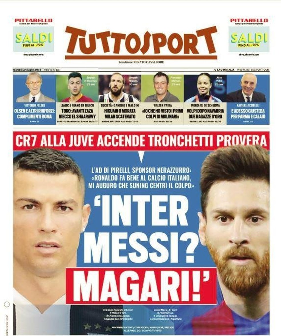 Capa do jornal italiano "Tuttosport" com a manchete: "Inter Messi? Talvez!" (Foto: Reprodução)