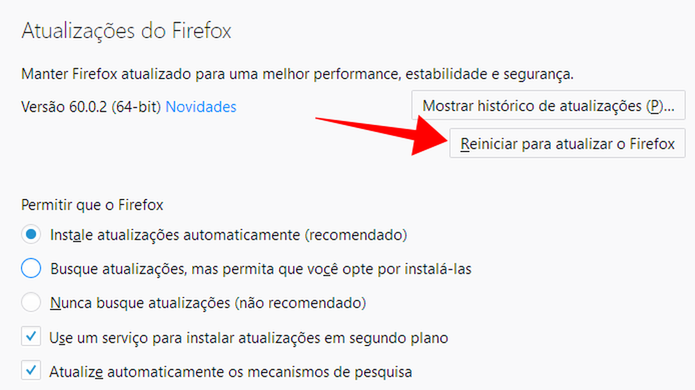 Reinicie o Firefox para aplicar uma nova atualização (Foto: Reprodução/Paulo Alves) Reinicie o Firefox para aplicar uma nova atualização (Foto: Reprodução/Paulo Alves)