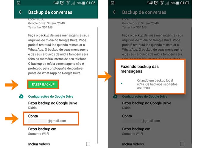 A conta do Google Drive será trocada no WhatsApp para fazer o backup completo (Foto: Reprodução/Barbara Mannara)