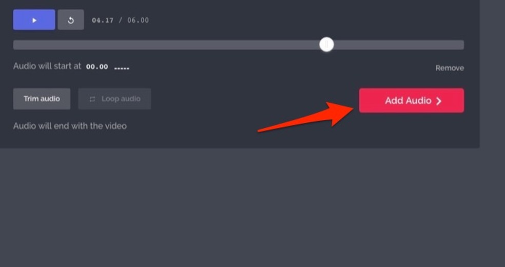 Ação para adicionar um vídeo como trilha sonora de um slideshow criado com o serviço online Kapwing — Foto: Reprodução/Marvin Costa