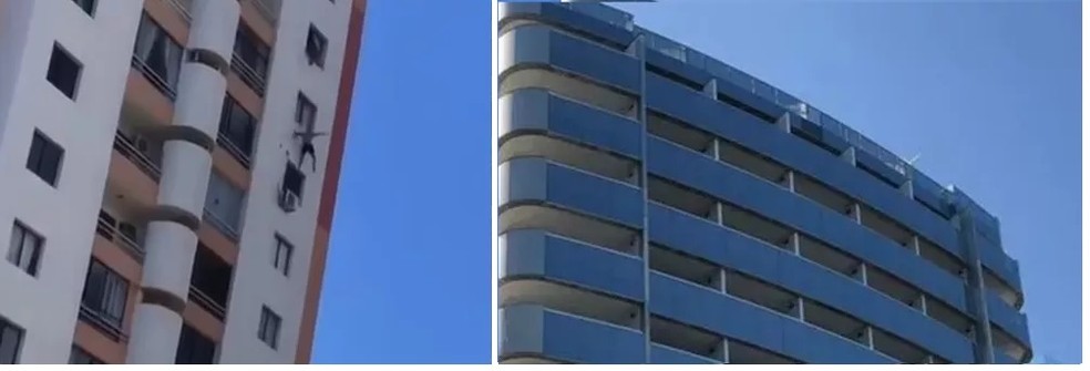 O prédio que aparece no vídeo viral (à esquerda) é diferente do prédio em que MC Kevin estava (à direita) — Foto: Reprodução