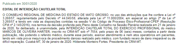A decisão do Conselho Regional de Medicina de Mato Grosso sobre o médico Marcos Harter (Foto: Reprodução)