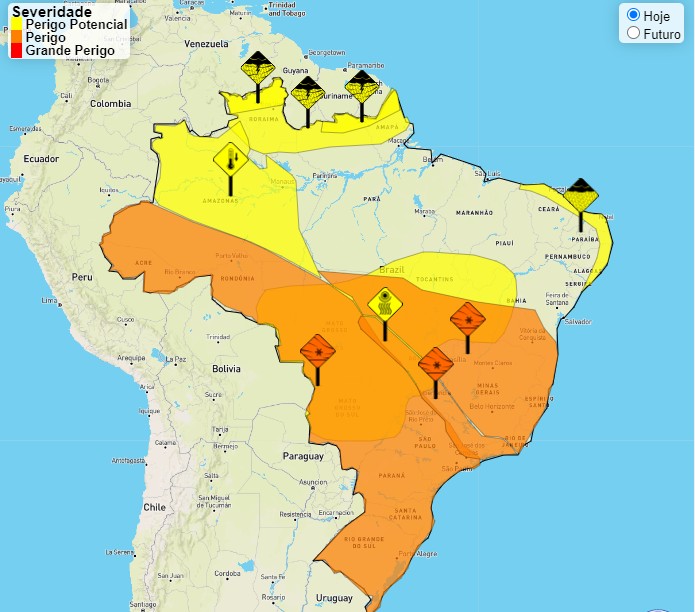 No mapa, alertas da Climatempo sobre o clima para esta quinta-feira. Ar gelado vai do Rio Grande do Sul até porções de Tocantins e Rondônia (Foto: Reprodução/Inmet)