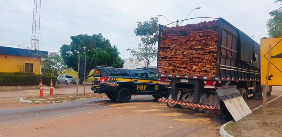 Polícia Rodoviária apreende caminhão com madeira ilegal na BR-010 em Imperatriz — Foto: Divulgação/Polícia Rodoviária Federal
