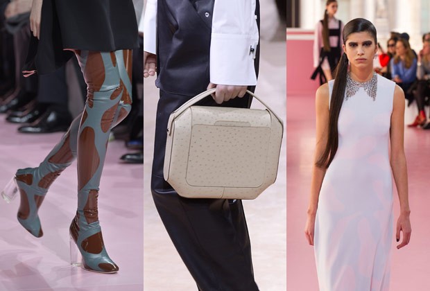 A bota de cano longuíssimo e o colar avulso (esq.), da Dior, e a bolsa Octógono, da Hermès: os itens must-have da temporada (Foto: Getty Images)