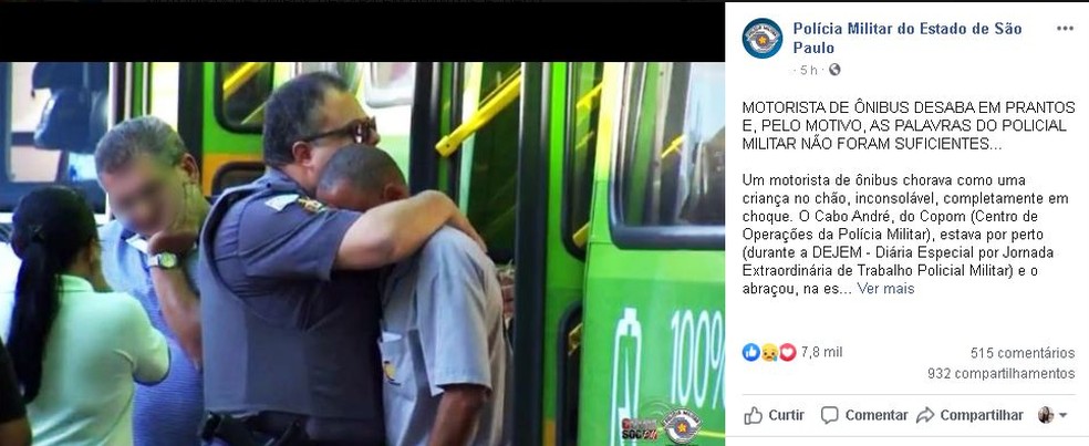 Polícia Militar compartilhar a imagem do abraço nas redes sociais — Foto: Facebook/ reprodução 