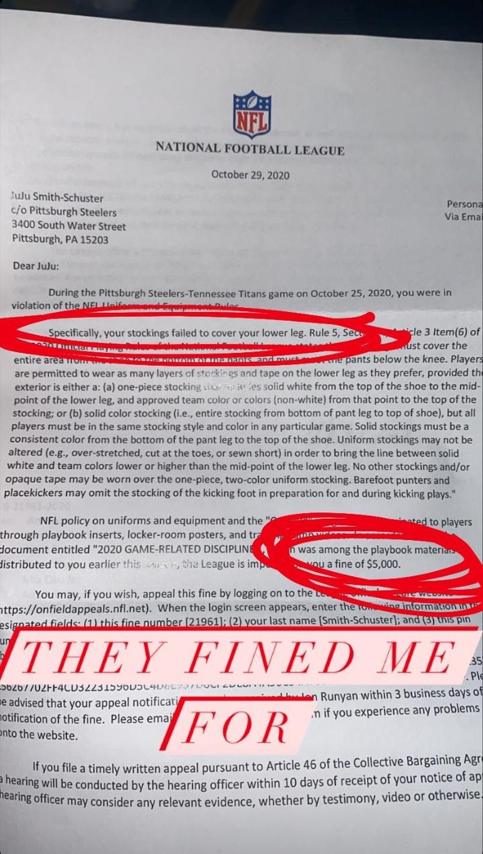 Carta de punição de JuJu Smith-Schuster — Foto: Instagram de JuJu