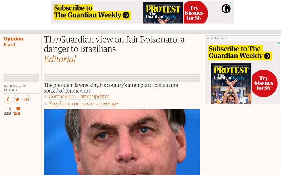 Reprodução do site do jornal britânico 'The Guardian' com artigo sobre Jair Bolsonaro, em 31 de março — Foto: Reprodução/The Guardian