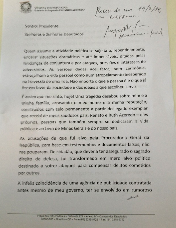 A carta de renúncia de Eduardo Azeredo (Foto: Reprodução)