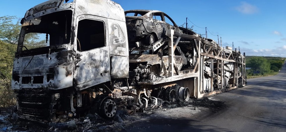 Caminhão cegonha com 11 carros pega fogo na BR-116 — Foto: Arquivo pessoal/Silvano Nunes