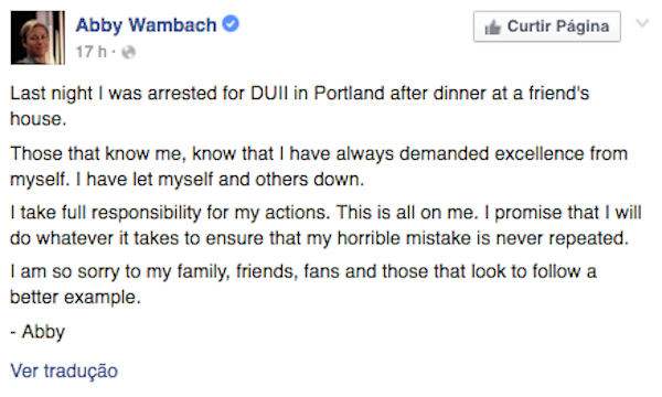 O pedido de desculpas de Abby Wambach publicado no Facebook (Foto: Facebook)