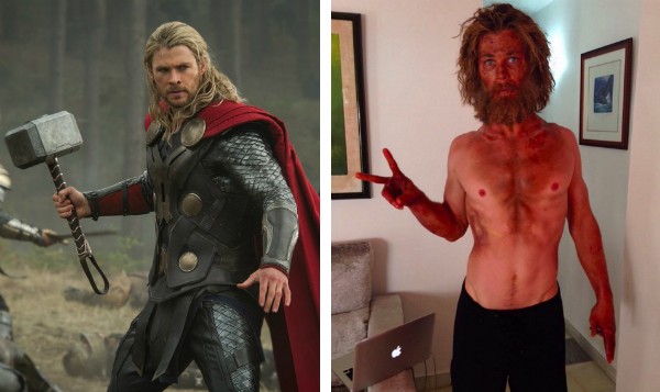 O ator Chris Hemsworth como Thor e após sua dieta intensa (Foto: Divulgação)