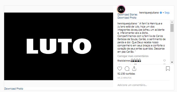 Comunicado de Henrique e Juliano (Foto: Reprodução/Instagram) Comunicado de Henrique e Juliano (Foto: Reprodução/Instagram)