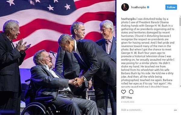 O post da atriz Heather Lind acusando o ex-presidente dos EUA George H. W. Bush de assédio (Foto: Instagram)