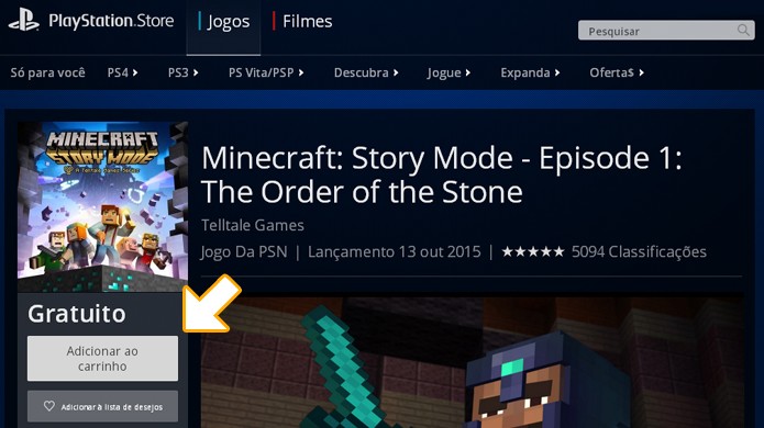 Coloque Minecraft: Story Mode no seu carrinho, pois a compra terá custo de R$ 0,00 (Foto: Reprodução/Rafael Monteiro)