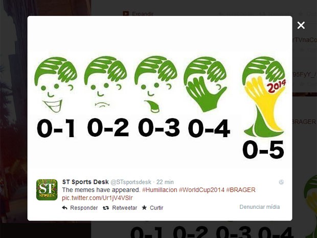 Brincadeira na web brinca com o logotipo da Copa e a vergonha da goleada da Alemanha em cima do Brasil (Foto: Reprodução/Twitter)