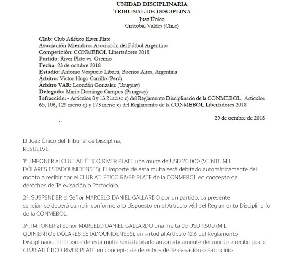 Punições ao River Plate e Gallardo, entre elas por atraso na volta do intervalo — Foto: GloboEsporte.com