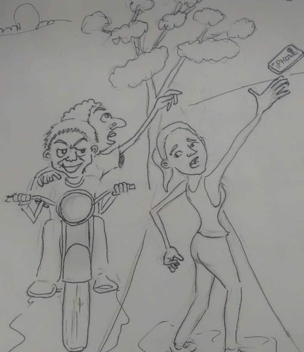 Jovem postou história dos assaltos nas redes sociais em MS e amigo caricaturista até brinco fazendo arte para ela — Foto: Reprodução/Facebook