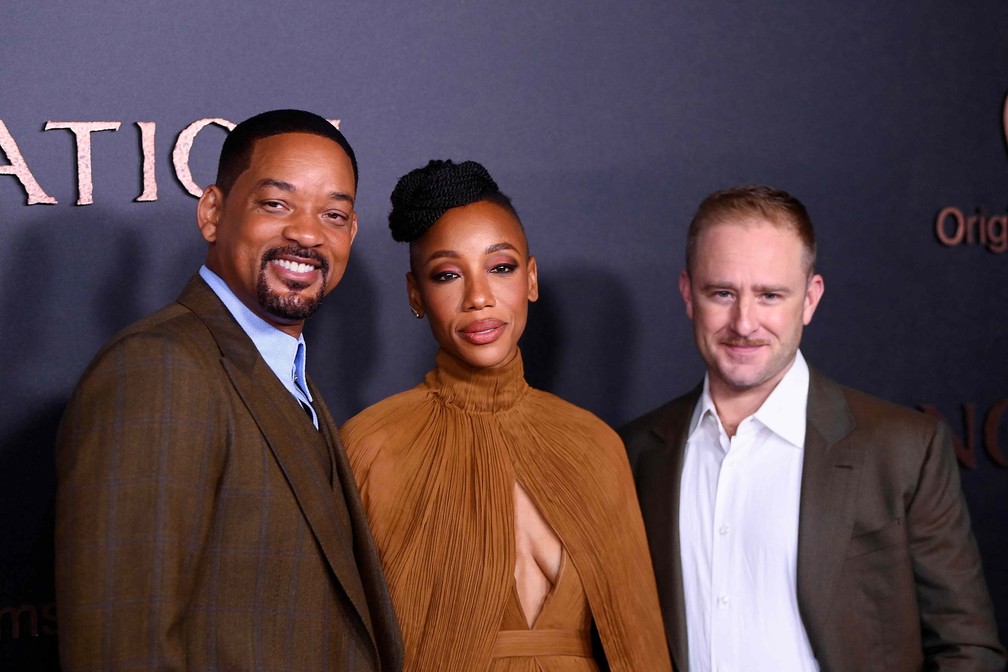 Will Smith, Charmaine Bingwa e Ben Foster na premiere europeia de 'Emancipation' em Londres, no dia 2 de dezembro — Foto: Toby Melville/Reuters