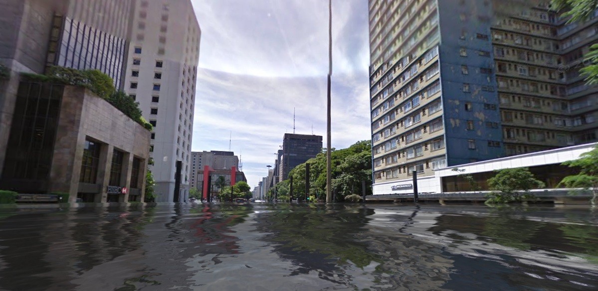 A Avenida Paulista (com o MASP ao fundo) alagada (Foto: Reprodução)