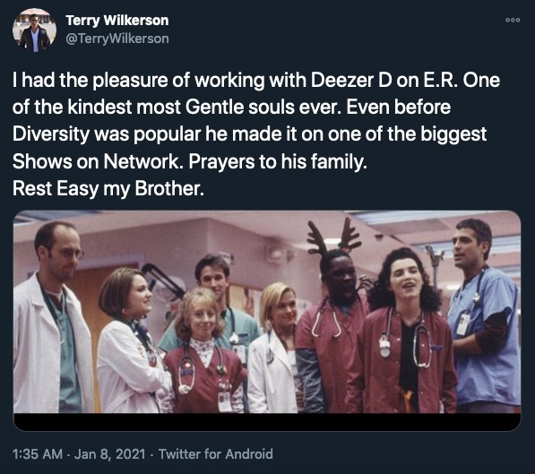 O post do ator Terry Wilkerson lamentando a morte do amigo Dearon Thompson, também conhecido como Deezer D (Foto: Twitter)