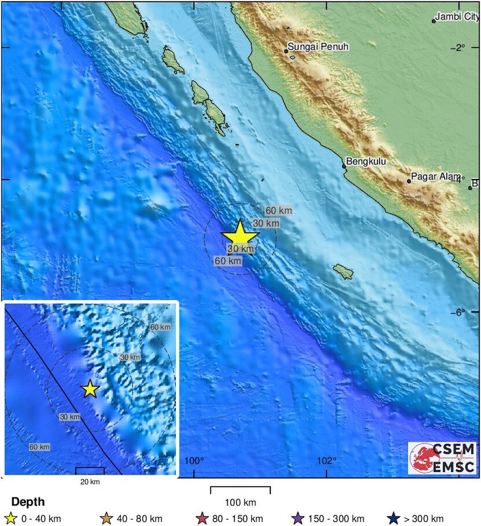 Imagem do Centro Sismológico Euro-Mediterrâneo mostra o epicentro do terremoto em Sumatra no dia 18 de novembro de 2022 — Foto: ESMC