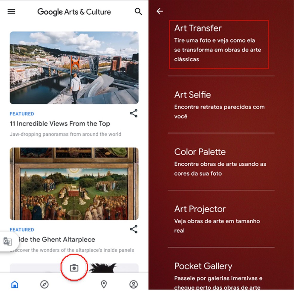 Acesse a ferramenta Art Transfer no aplicativo — Foto: Reprodução/TechTudo