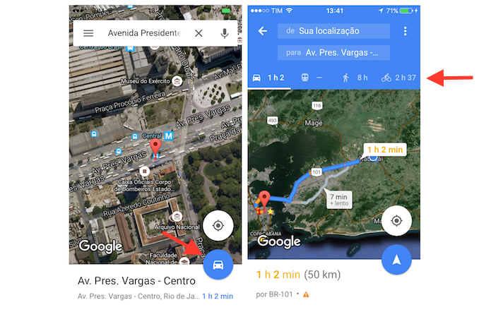 Comparando o tempo e percurso de diferentes meios de transporte em uma rota com o Google Maps para iPhone (Foto: Reprodução/Marvin Costa)