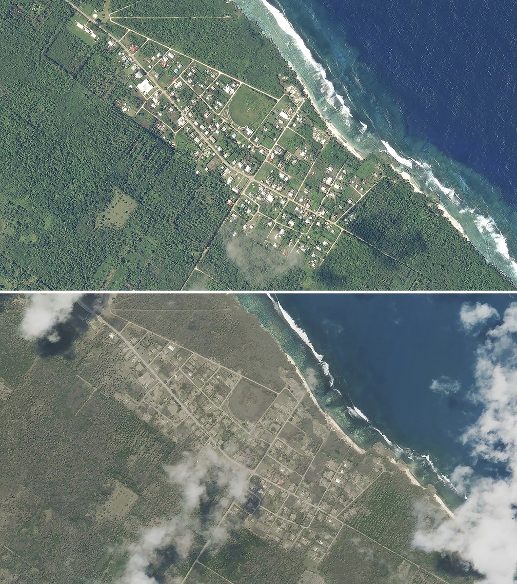 Combinação de imagens de satélite mostra Niutoua, em Tongatapu, principal ilha de Tonga, em 9 de janeiro de 2021 (acima) e em 17 de janeiro de 2022 (abaixo), após a erupção do vulcão submarino Hunga Tonga Hunga Ha'apai — Foto: Planet Labs PBC via AP