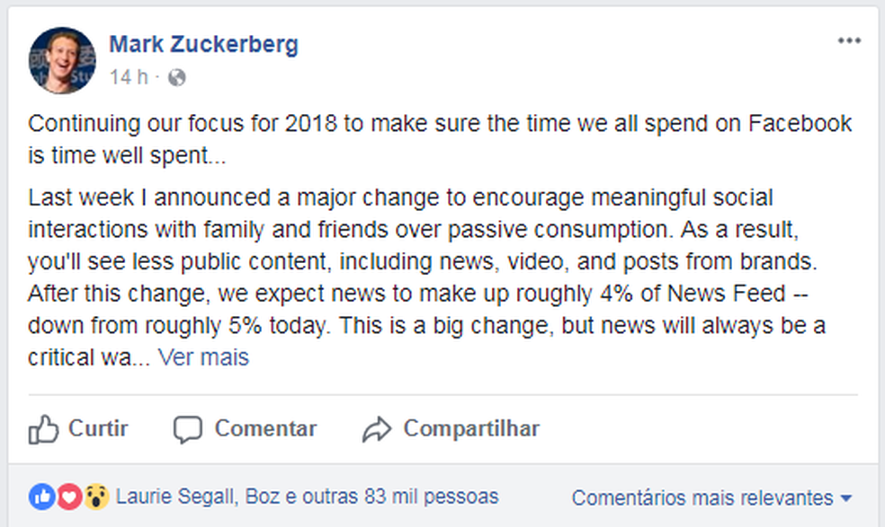 Post de Mark Zuckerberg anunciando medida contra notícias falsas (Foto: Reprodução/Facebook)
