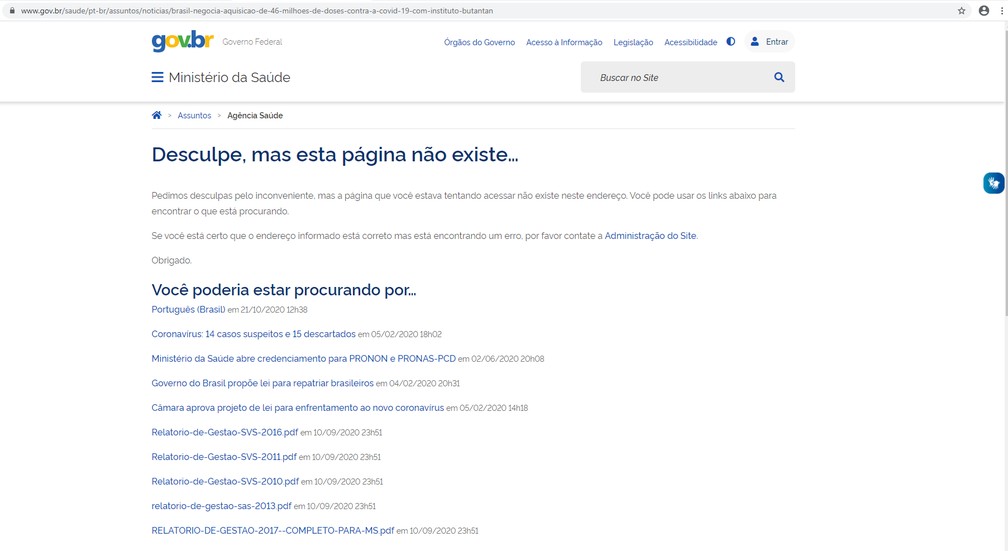 Página onde primeira versão do comunicado havia sido publicada foi retirada do ar — Foto: Reprodução/Site Ministério da Saúde