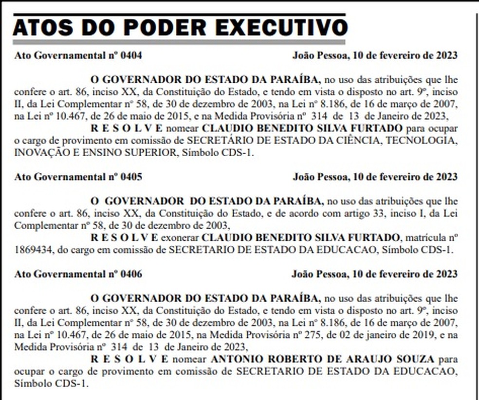 Novos secretários da Ciência e Tecnologia e da Educação da Paraíba nomeados no Diário Oficial do Estado — Foto: Reprodução/DOE-PB