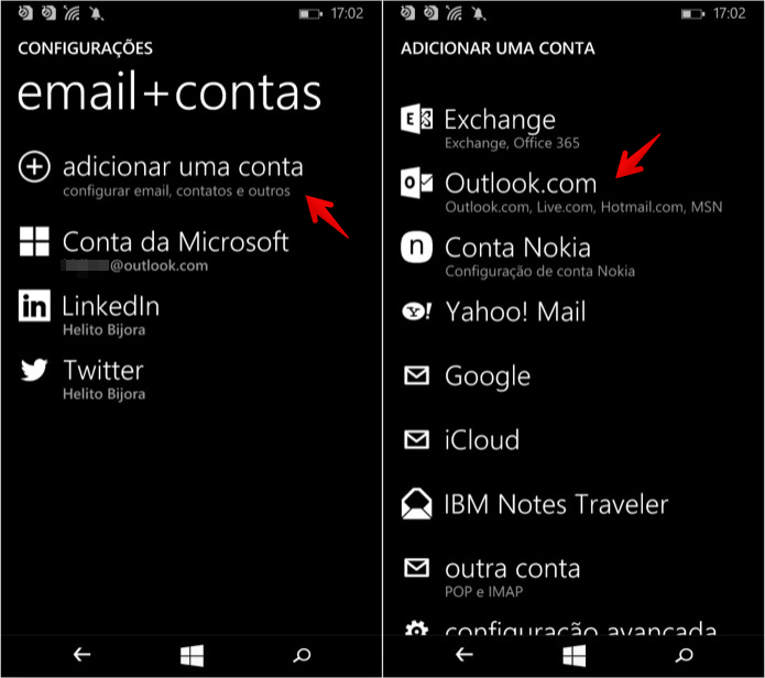 Adicionando conta do Outlook.com (Foto: Reprodução/Helito Bijora) 